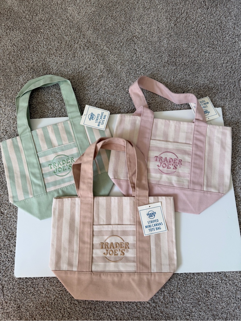 Trader Joe’s Striped Mini Canvas Tote Set of 3 NWT Pink Green Tan